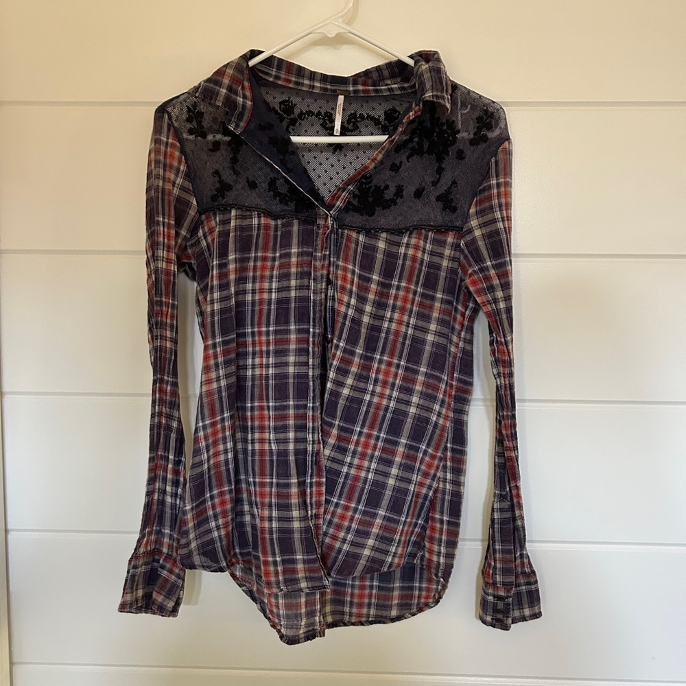 Free People Plaid Button-Up Shirt with Lace Detail